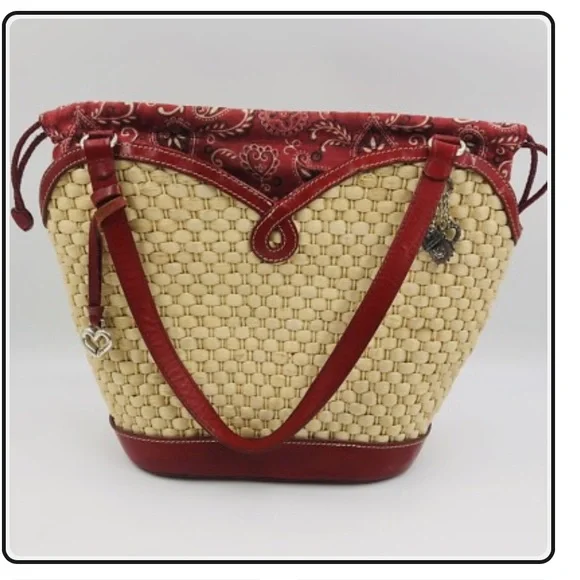 VTG Brighton Marilyn Basket Weave Red Bandana Drawstring Heart Handbag - Picture 1 of 12